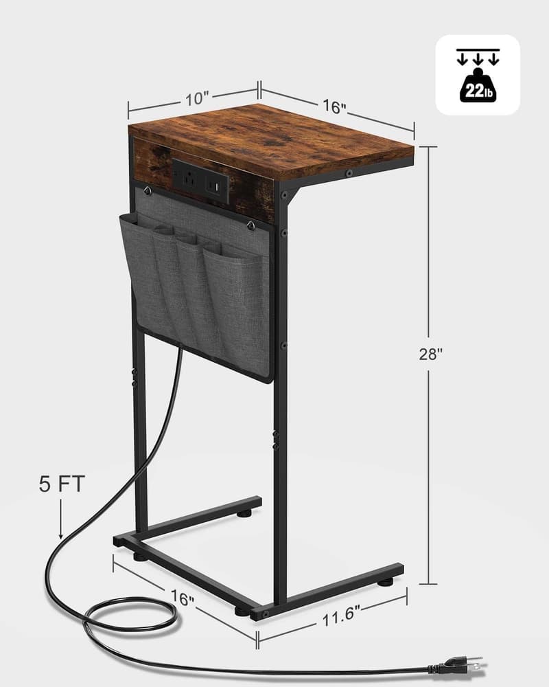 Rustic Brown C-Shaped End Table Set with Charging Station