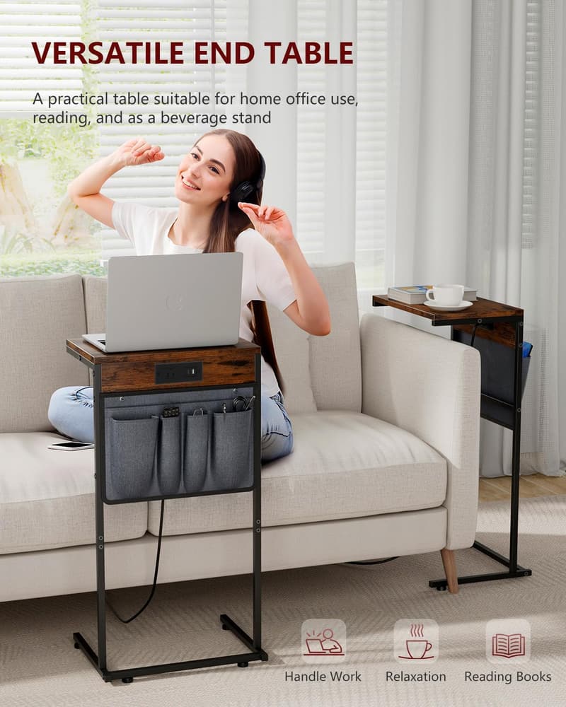 Rustic Brown C-Shaped End Table Set with Charging Station