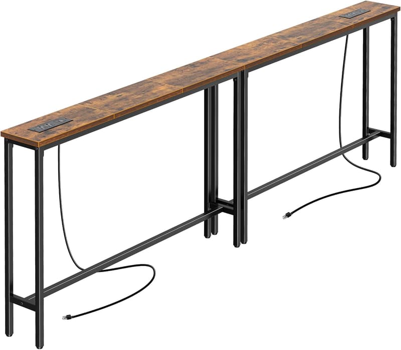 Narrow Console Table Set with Charging Station - Rustic Brown