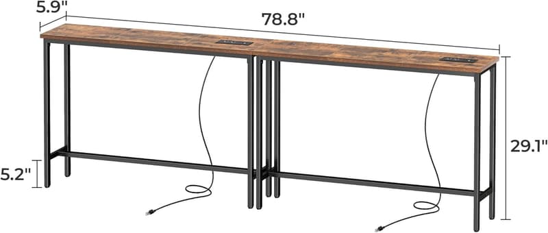 Narrow Console Table Set with Charging Station - Rustic Brown