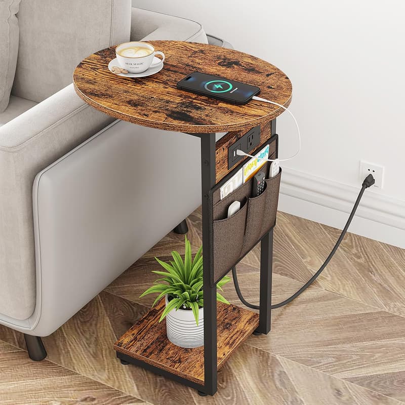 Rustic Brown C Shaped End Table with Charging Station