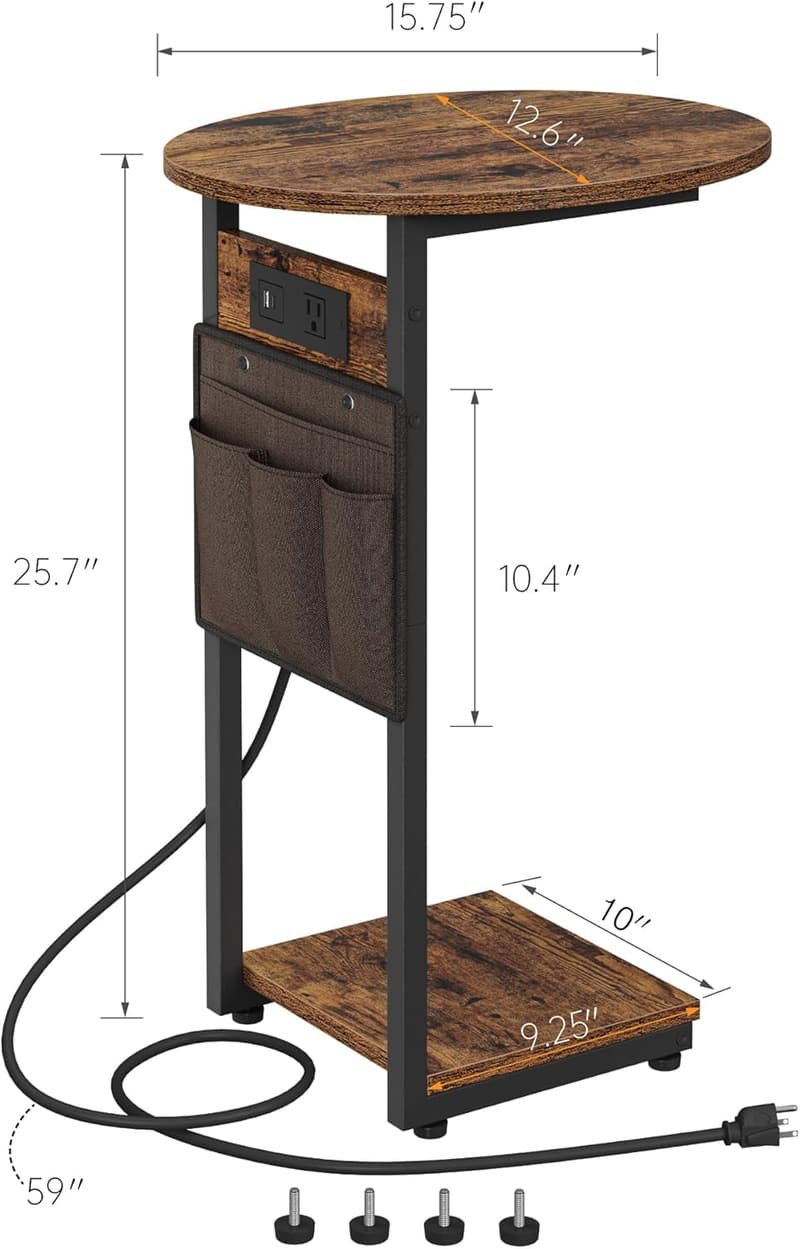 Rustic Brown C Shaped End Table with Charging Station