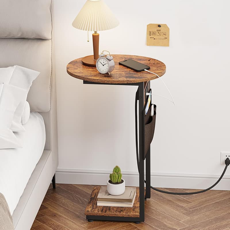Rustic Brown C Shaped End Table with Charging Station