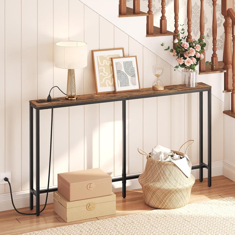Narrow Console Table with Power Outlets for Living Room