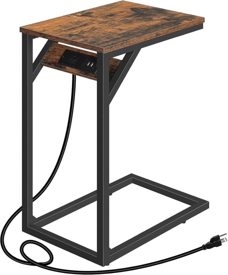 Retro C-Shaped End Table with Charging Station for Small Spaces