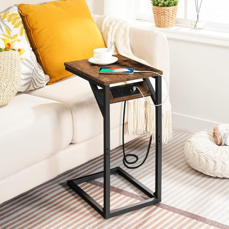 Retro C-Shaped End Table with Charging Station for Small Spaces