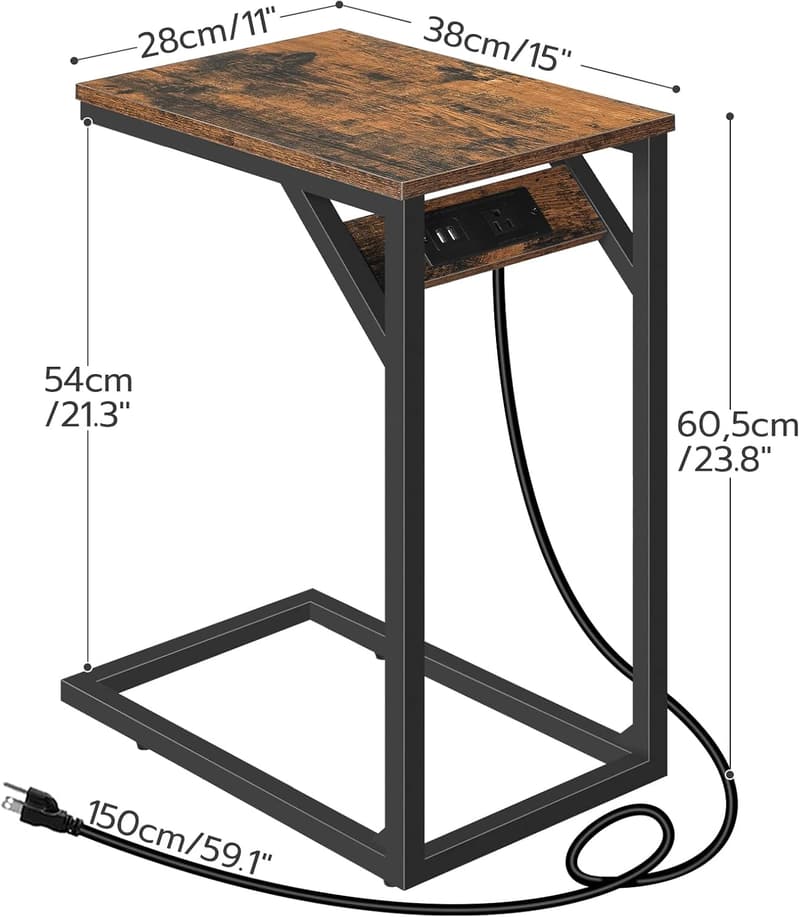 Retro C-Shaped End Table with Charging Station for Small Spaces