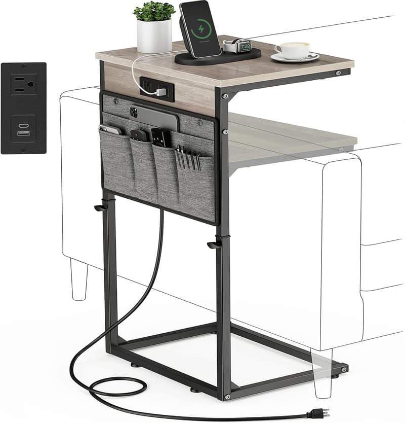 C Shaped Adjustable End Table with Charging Station - Greige