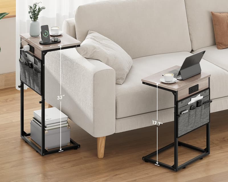 C Shaped Adjustable End Table with Charging Station - Greige