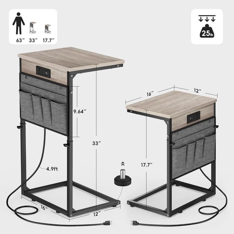 C Shaped Adjustable End Table with Charging Station - Greige