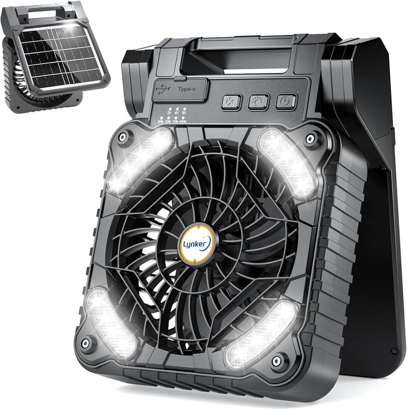 Portable Solar Camping Fan with LED Light & 4 Speed Settings
