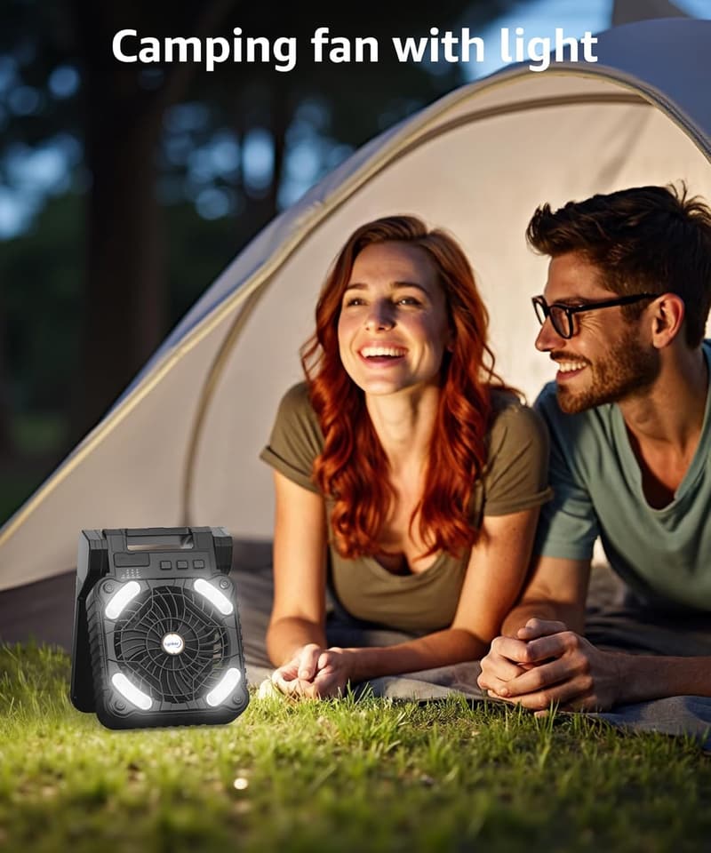Portable Solar Camping Fan with LED Light & 4 Speed Settings