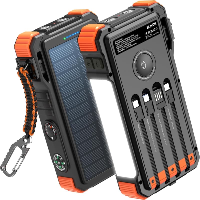 20000mAh Solar Power Bank with Built-in Cables and Light