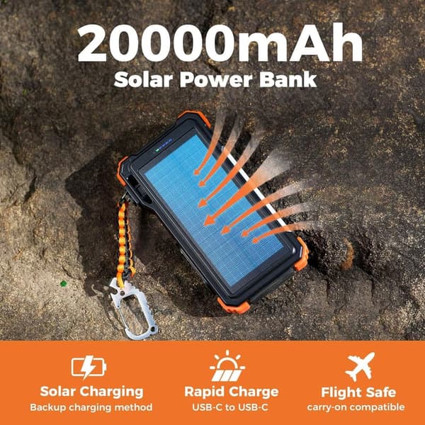 20000mAh Solar Power Bank with Built-in Cables and Light