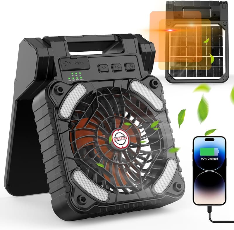 Portable Solar Camping Fan with LED Lantern and 10400mAh Battery