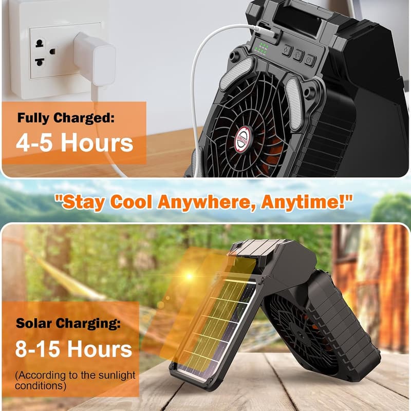 Portable Solar Camping Fan with LED Lantern and 10400mAh Battery
