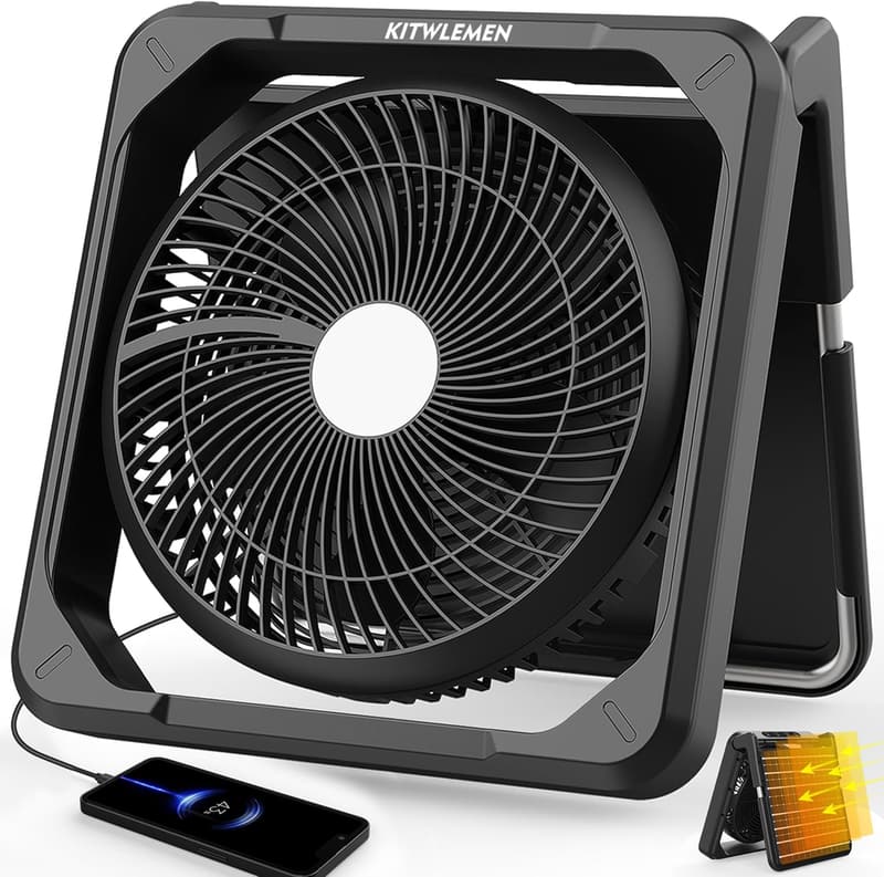 Solar Camping Fan with Light - 11.5 Inch, Rechargeable, 3 Speed
