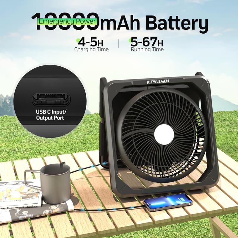 Solar Camping Fan with Light - 11.5 Inch, Rechargeable, 3 Speed