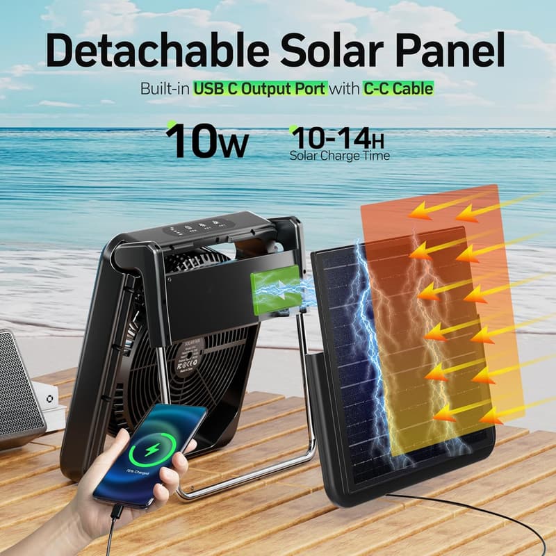 Solar Camping Fan with Light - 11.5 Inch, Rechargeable, 3 Speed
