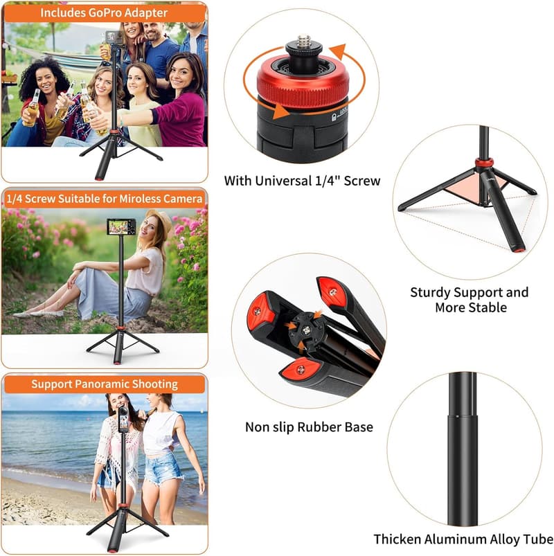 Extendable Selfie Stick Tripod for GoPro and Action Cameras (50.7'')