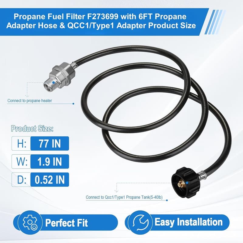 Propane Fuel Filter with Hose & QCC1 Adapter for Portable Heaters