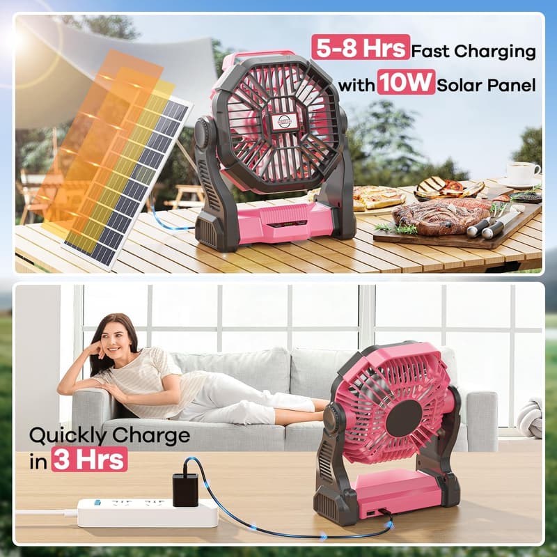 10W Solar-Powered Camping Fan with LED Lantern, 10400mAh
