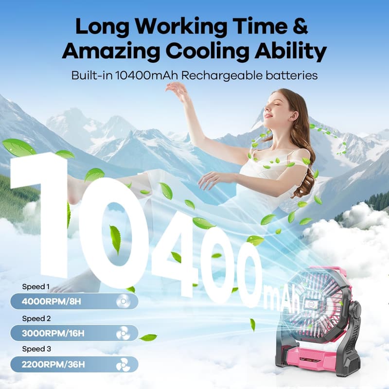 10W Solar-Powered Camping Fan with LED Lantern, 10400mAh