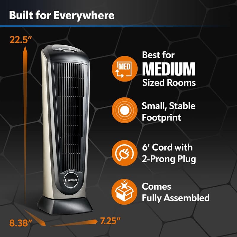 Lasko 1500W Oscillating Ceramic Tower Space Heater with Remote