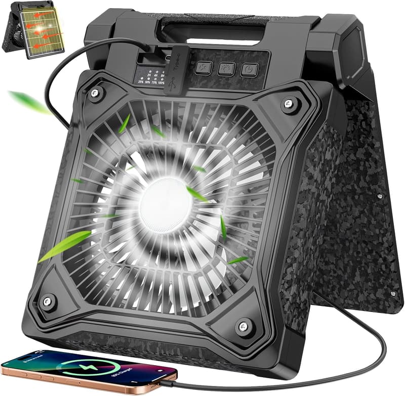 Solar Camping Fan with LED Lantern, 20000mAh, 4 Speeds