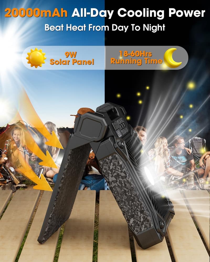 Solar Camping Fan with LED Lantern, 20000mAh, 4 Speeds