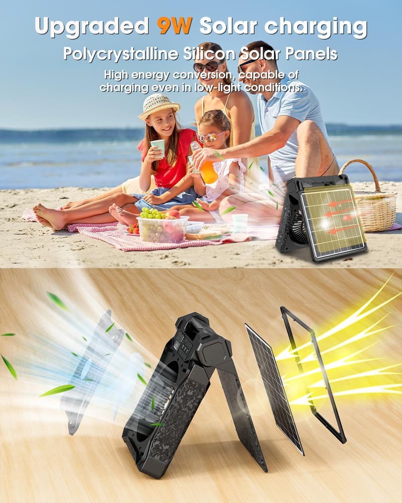 Solar Camping Fan with LED Lantern, 20000mAh, 4 Speeds