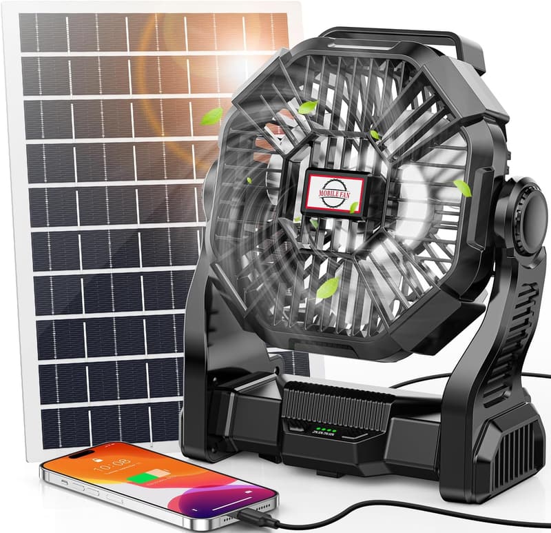 Portable Solar Camping Fan with LED Lantern & 10W Rechargeable Battery