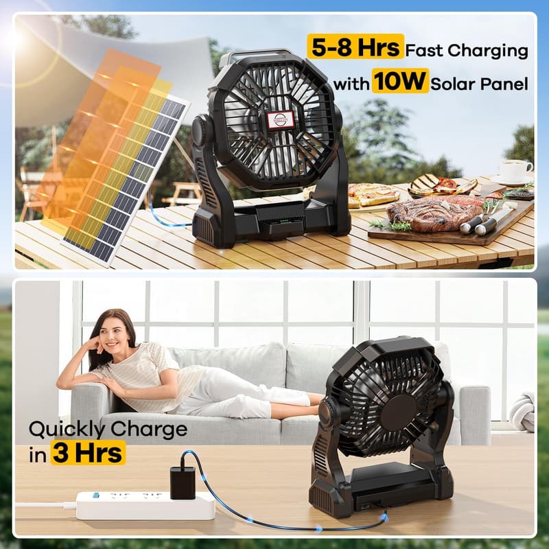 Portable Solar Camping Fan with LED Lantern & 10W Rechargeable Battery