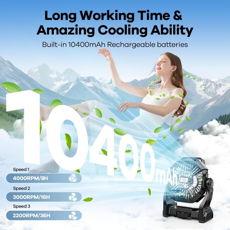 Portable Solar Camping Fan with LED Lantern & 10W Rechargeable Battery