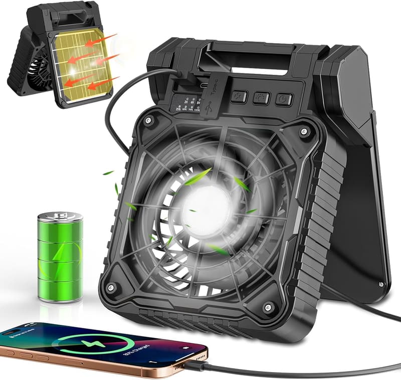 Portable Solar Camping Fan with LED Lantern & 10400mAh Battery