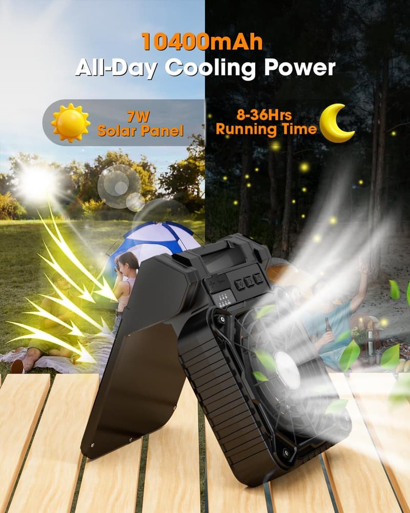 Portable Solar Camping Fan with LED Lantern & 10400mAh Battery