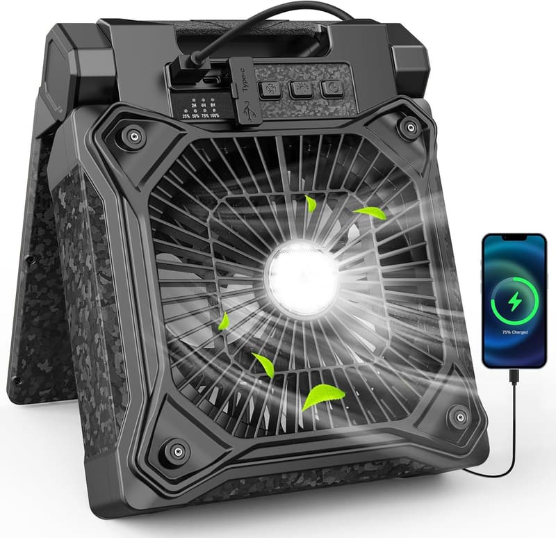 Rechargeable Solar Camping Fan with LED Lantern, 20000mAh