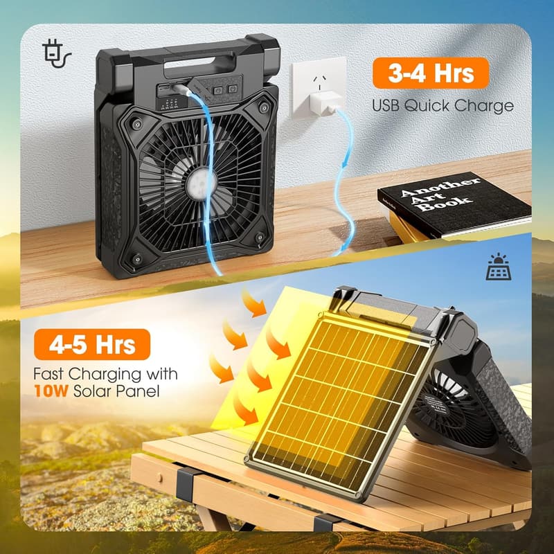Rechargeable Solar Camping Fan with LED Lantern, 20000mAh