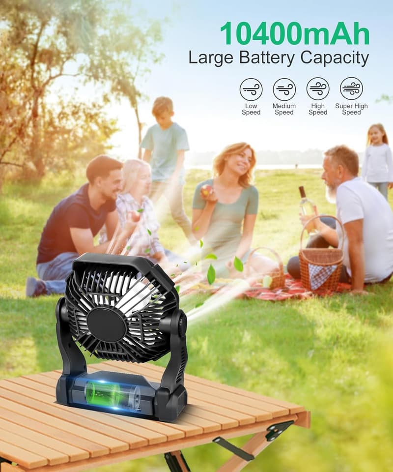 Portable 9-Inch Camping Fan with LED Lantern and USB-C