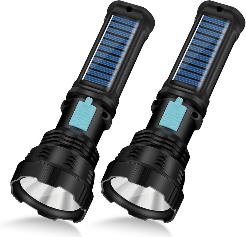 Rechargeable LED Solar Flashlight - 1500 Lumens, Waterproof (2 Pack)