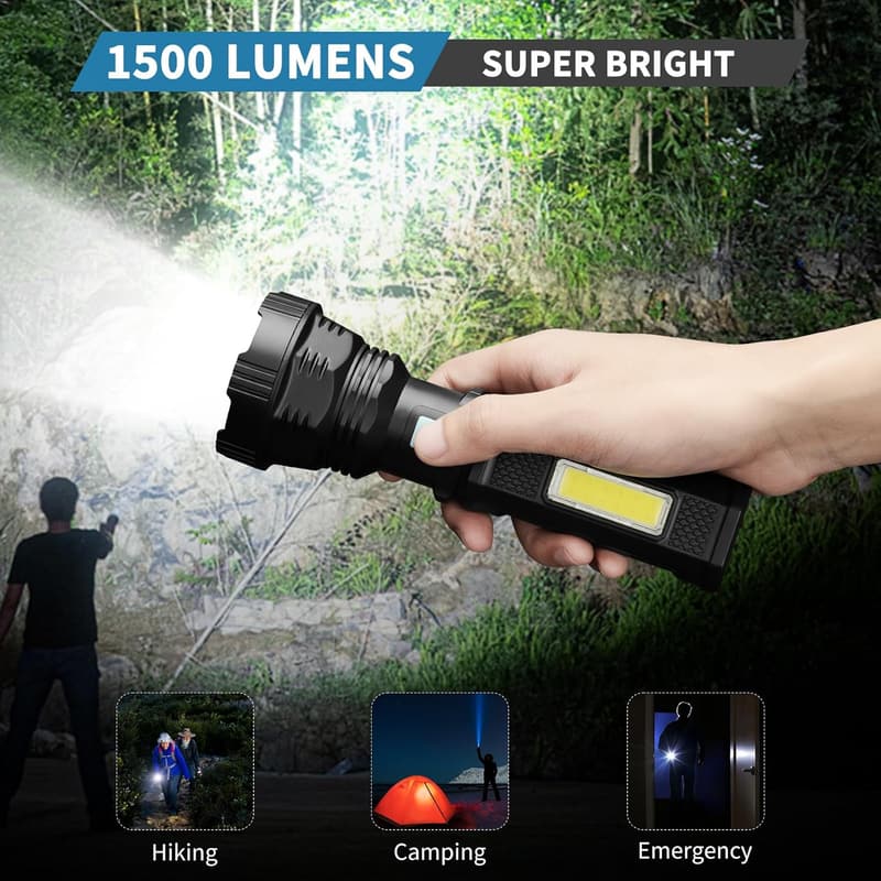 Rechargeable LED Solar Flashlight - 1500 Lumens, Waterproof (2 Pack)