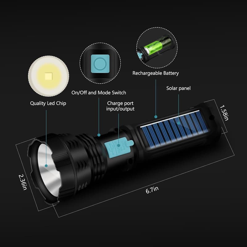 Rechargeable LED Solar Flashlight - 1500 Lumens, Waterproof (2 Pack)