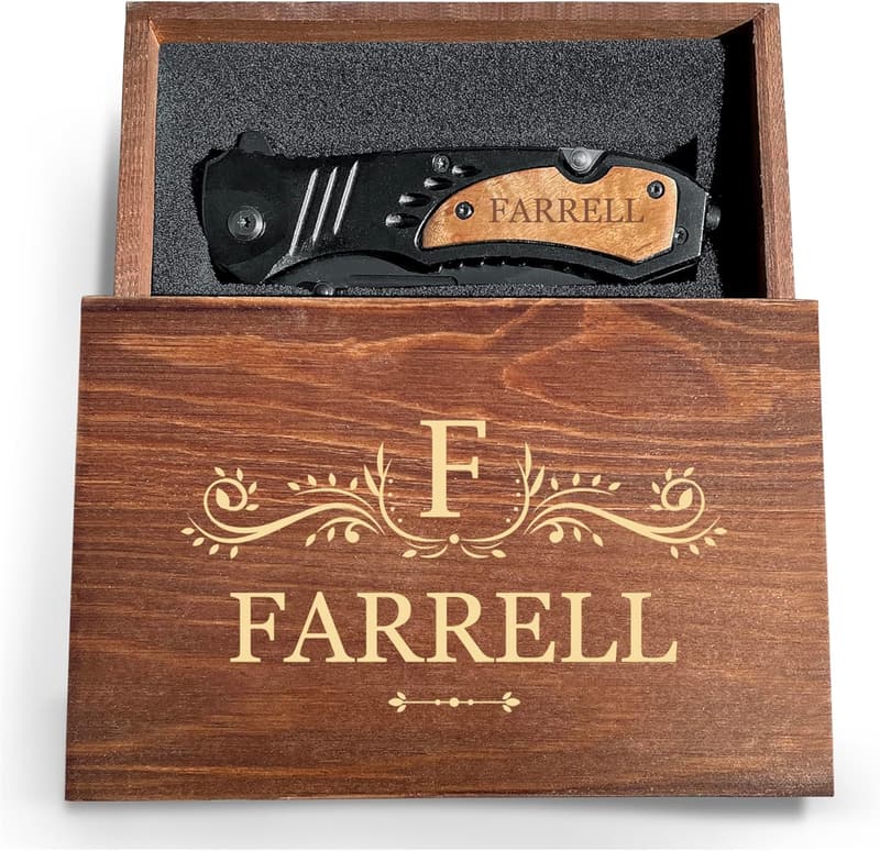 Personalized Engraved Pocket Knife with Wooden Box for Men