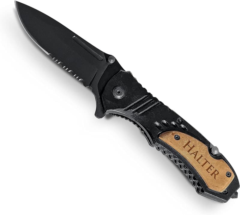 Personalized Engraved Pocket Knife with Wooden Box for Men