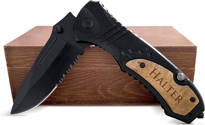 Personalized Engraved Pocket Knife with Wooden Box for Men
