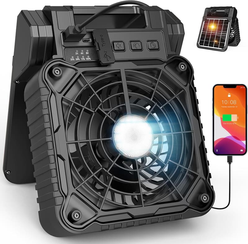 Rechargeable Solar Camping Fan with LED Lantern, 10400mAh