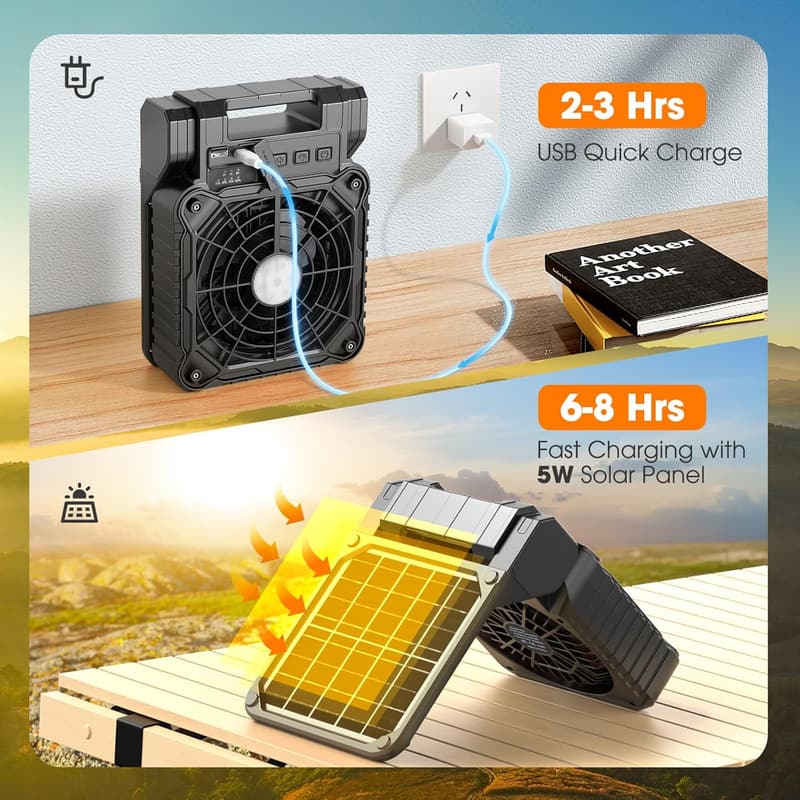 Rechargeable Solar Camping Fan with LED Lantern, 10400mAh