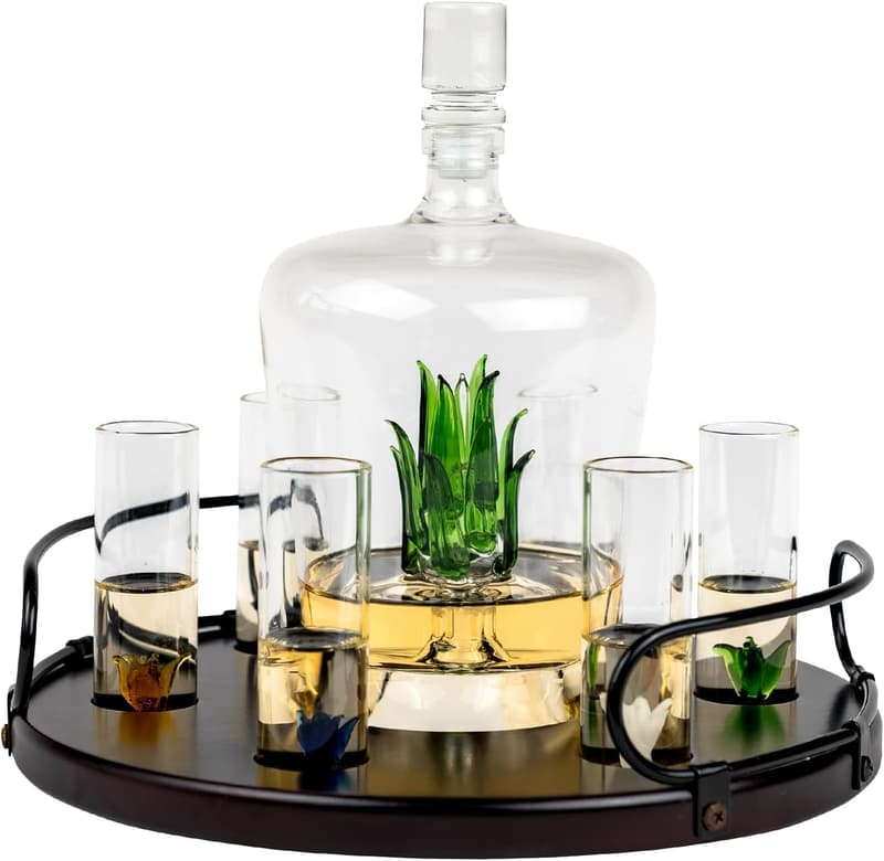 Agave Tequila Decanter & 6 Shot Glass Set for Parties