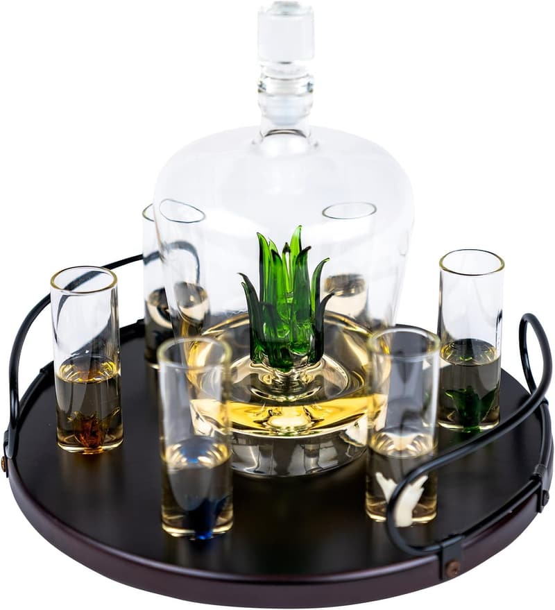 Agave Tequila Decanter & 6 Shot Glass Set for Parties