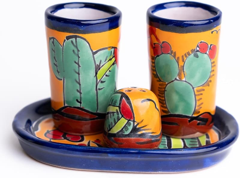 Hand-Painted Talavera Tequila Shot Glass Set with Tray